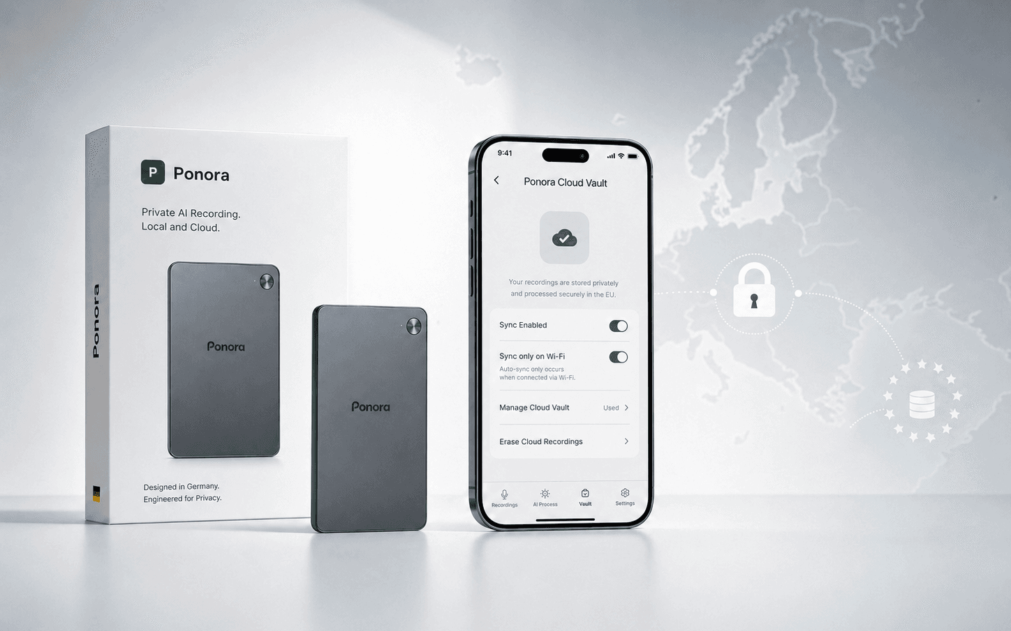Ponora Produkt, App-Bildschirm und europäisches Datenschutzmotiv